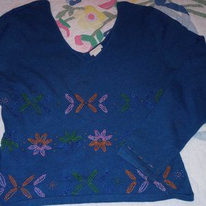 Blue V-Neck Sweater with Multicolor Beaded Floral pattern ~L~